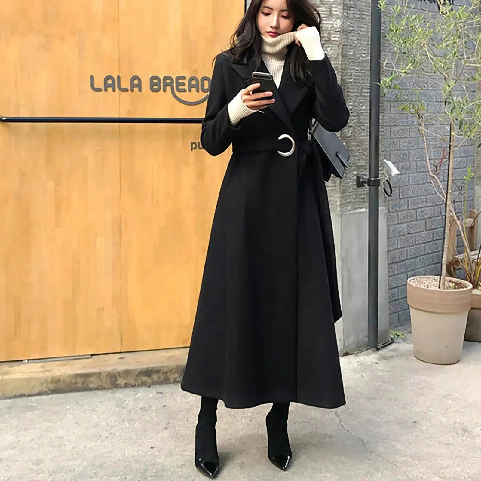 Metal Loop Belt Fit & Flare Wool Blend Coat