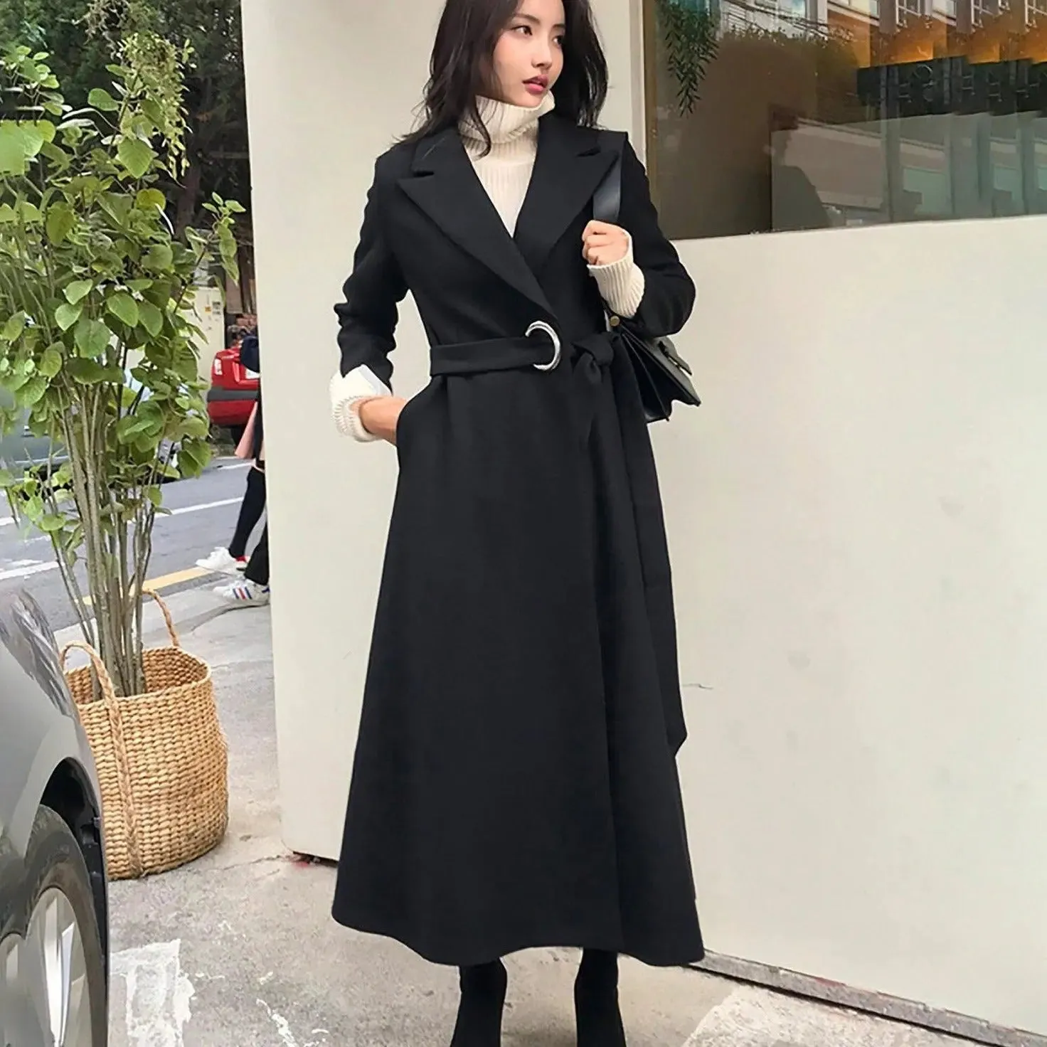 Metal Loop Belt Fit & Flare Wool Blend Coat