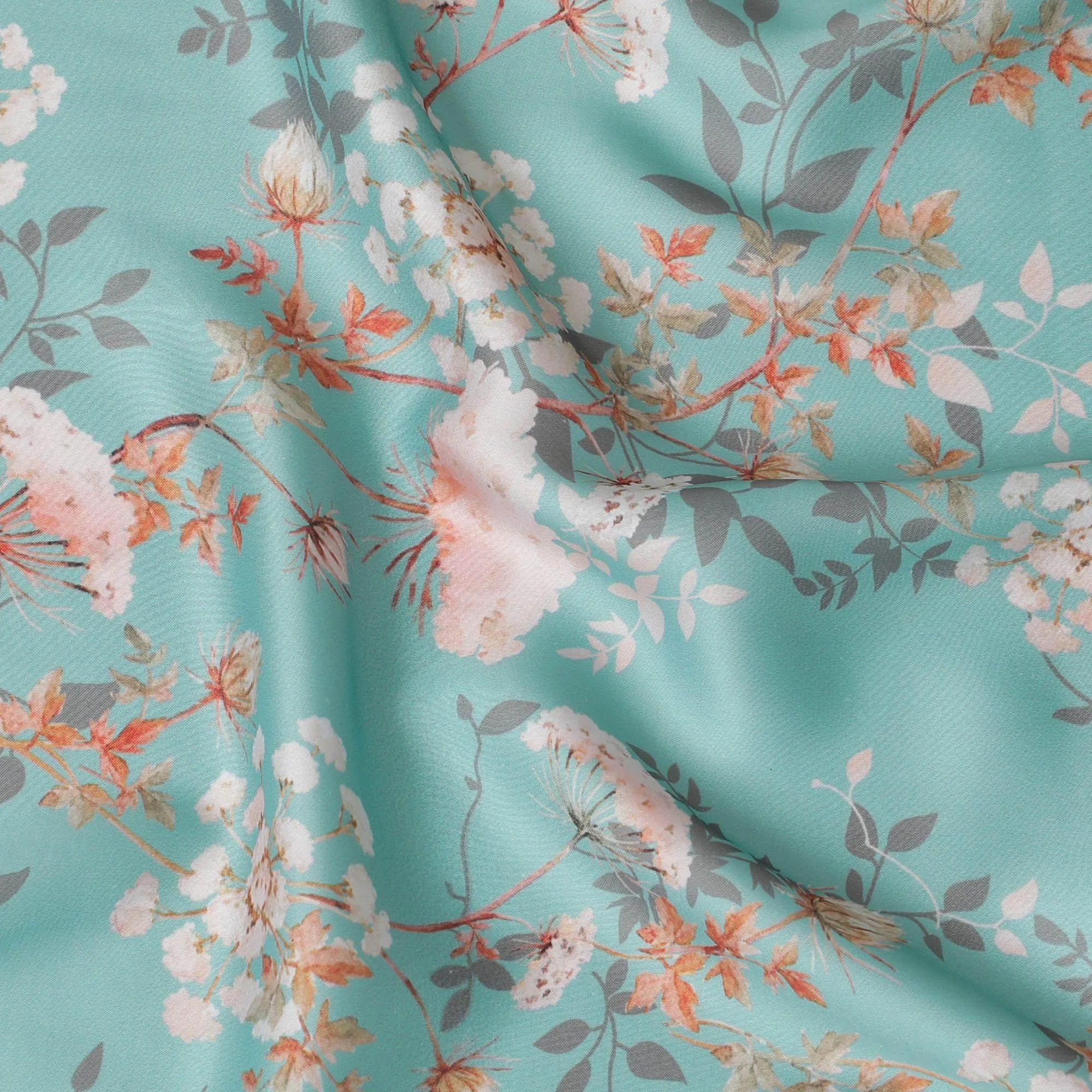 Mint green synthetic crepe fabric with multicolor print in floral design-D15671