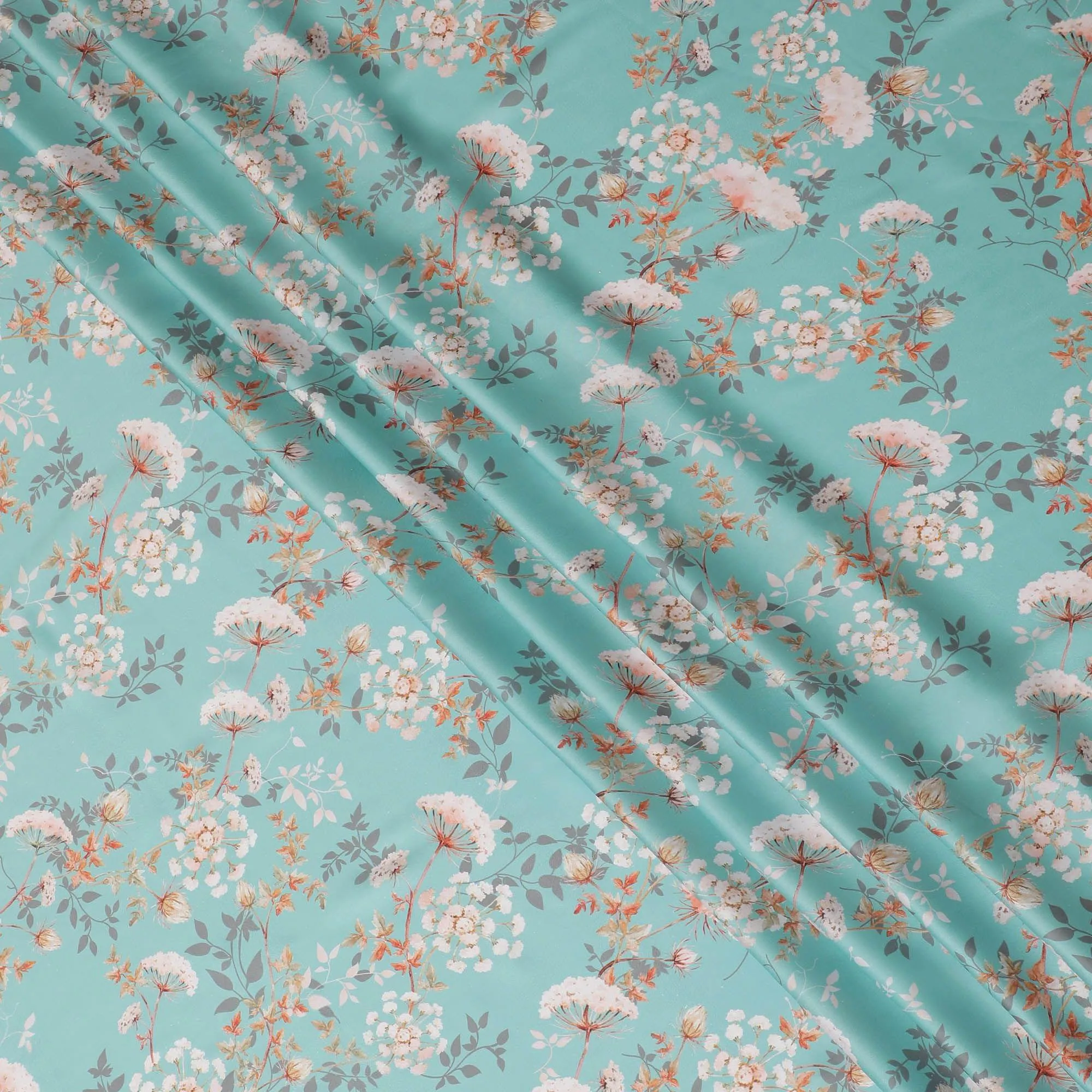 Mint green synthetic crepe fabric with multicolor print in floral design-D15671