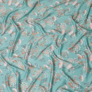 Mint green synthetic crepe fabric with multicolor print in floral design-D15671