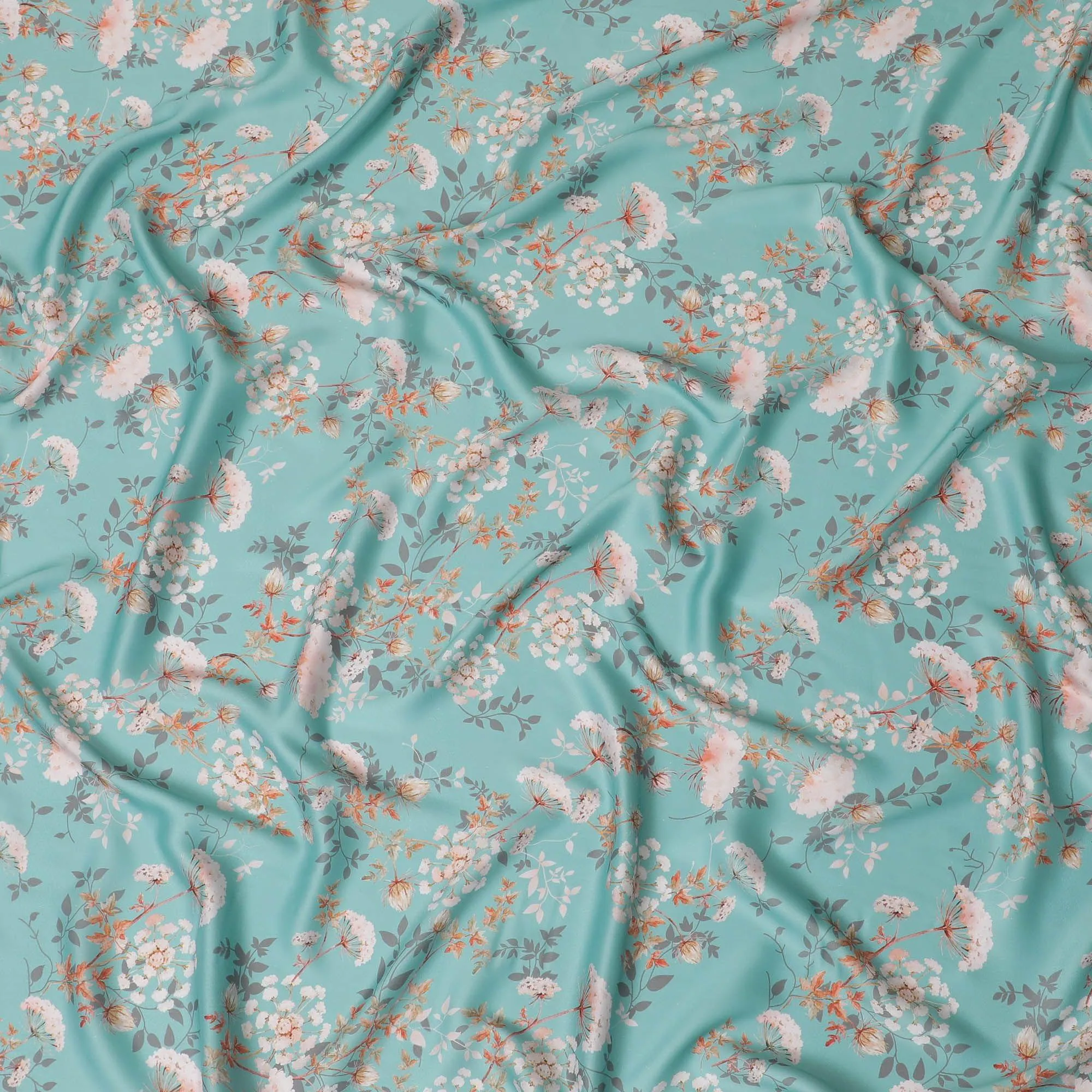 Mint green synthetic crepe fabric with multicolor print in floral design-D15671