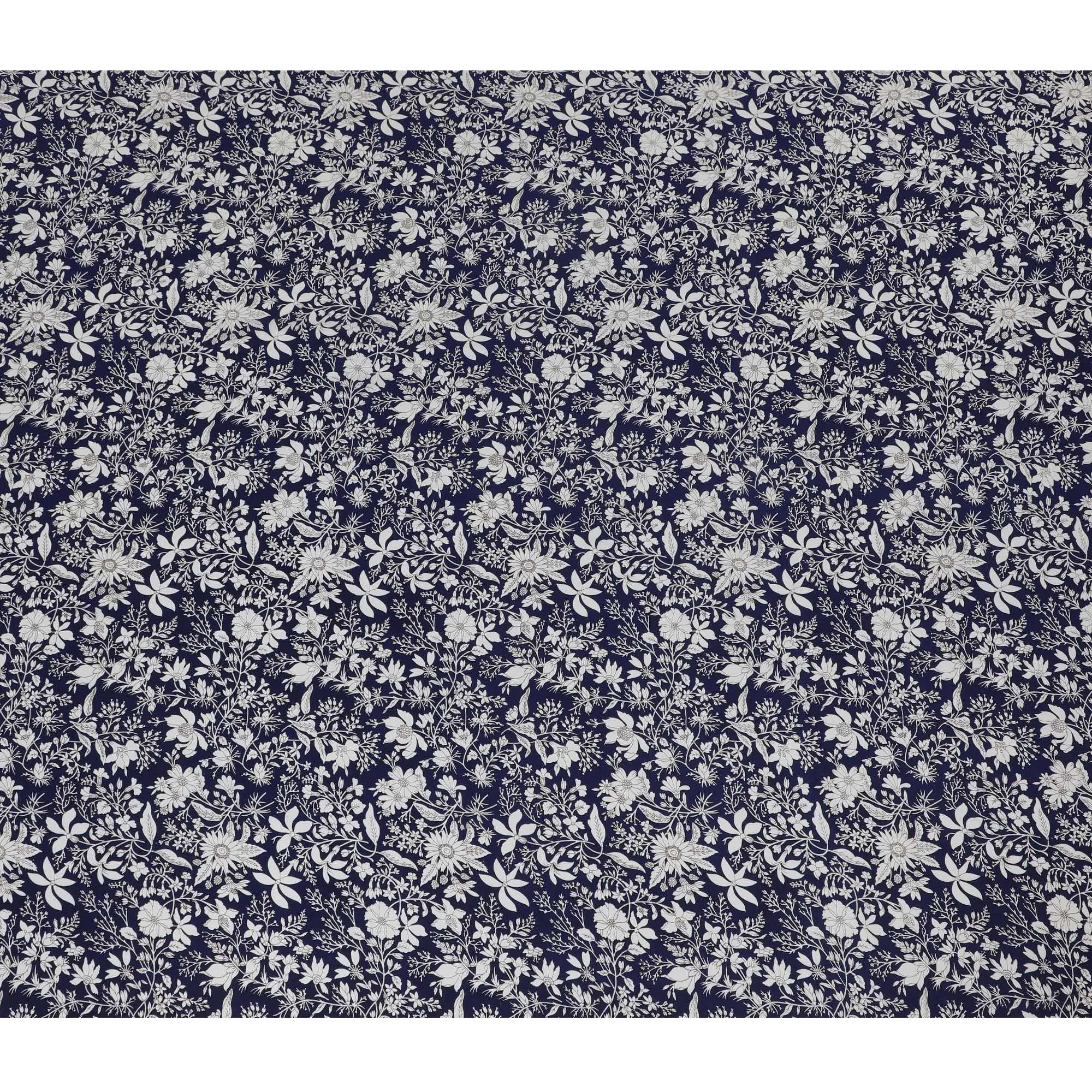 Navy & White Botanical Print Pure Silk Crepe Fabric - Timeless Elegance, 110cm Width, Crafted in India - Buy Online by the Meter-D18031