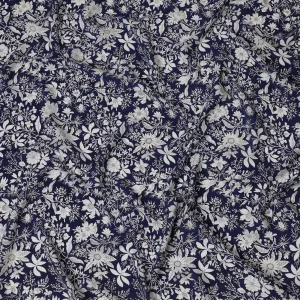 Navy & White Botanical Print Pure Silk Crepe Fabric - Timeless Elegance, 110cm Width, Crafted in India - Buy Online by the Meter-D18031