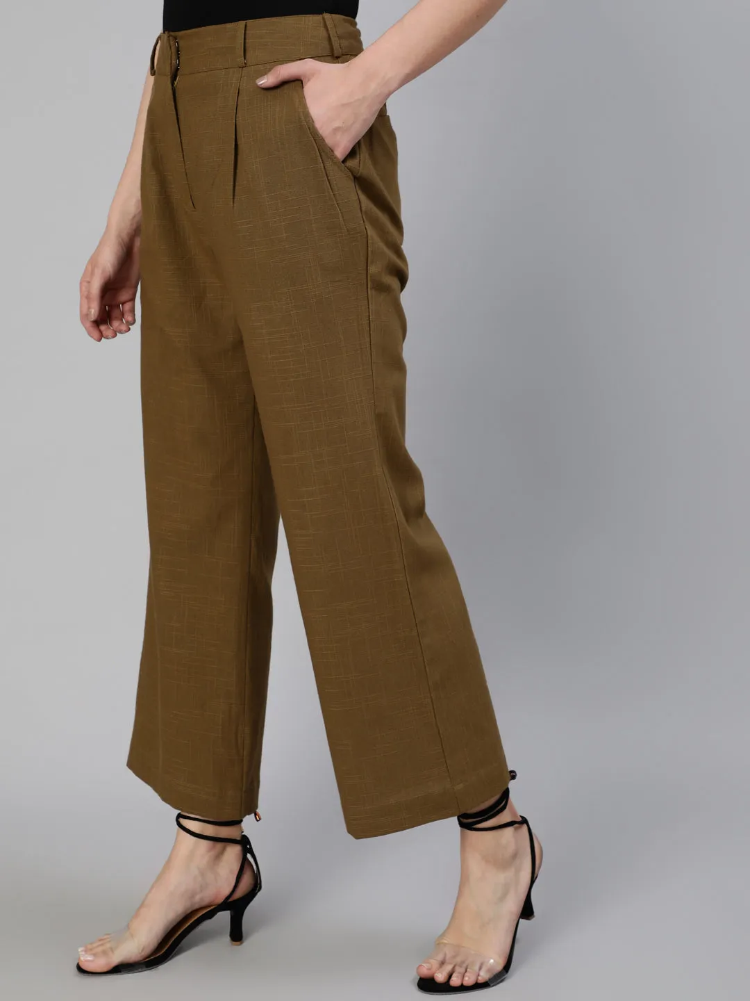 Olive Cotton Slub Flared High Rise Parallel Pants