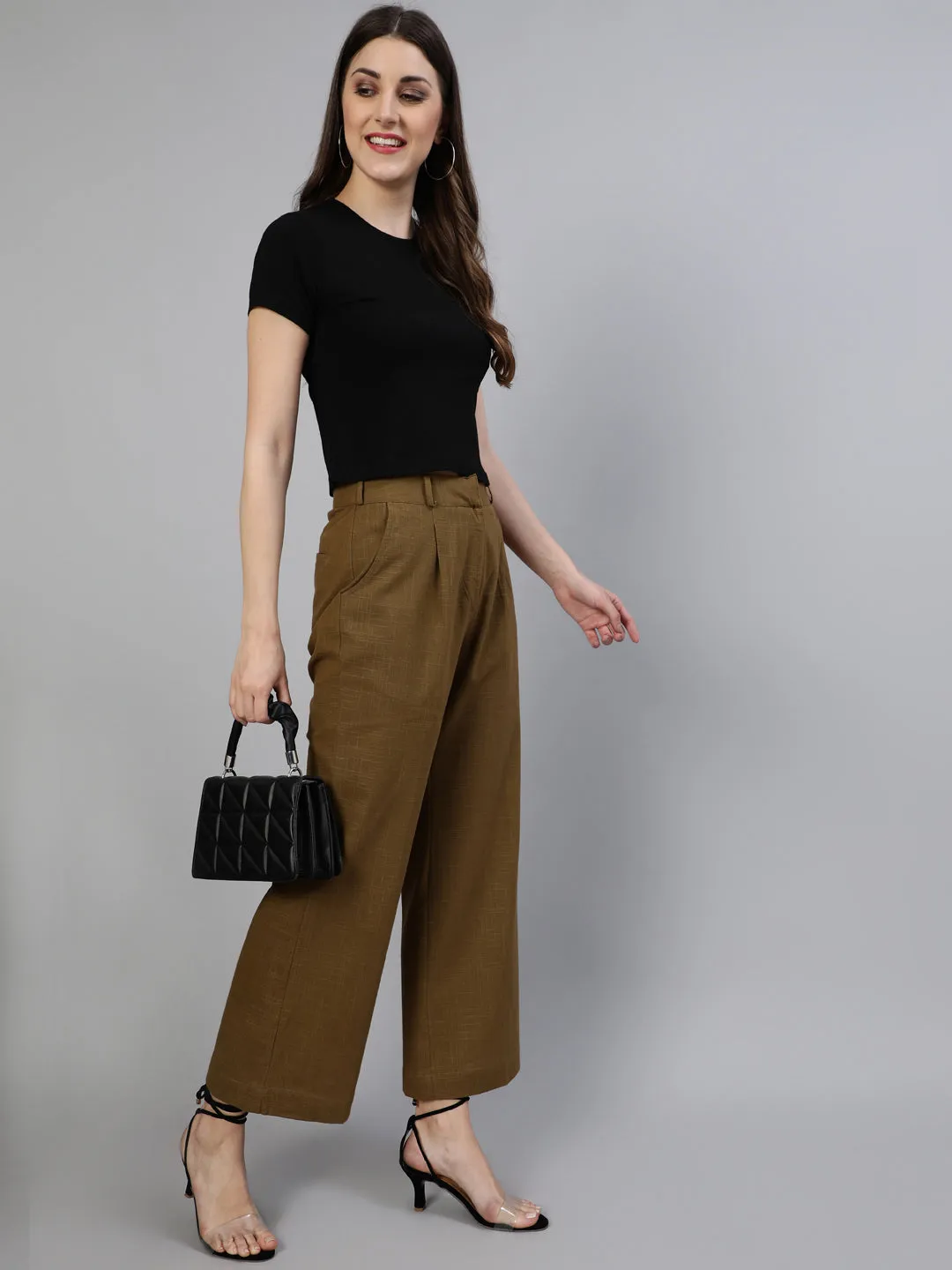 Olive Cotton Slub Flared High Rise Parallel Pants