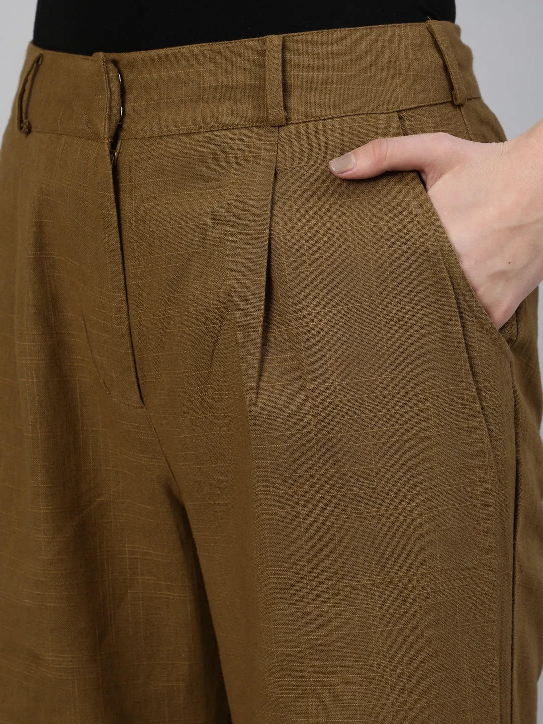 Olive Cotton Slub Flared High Rise Parallel Pants