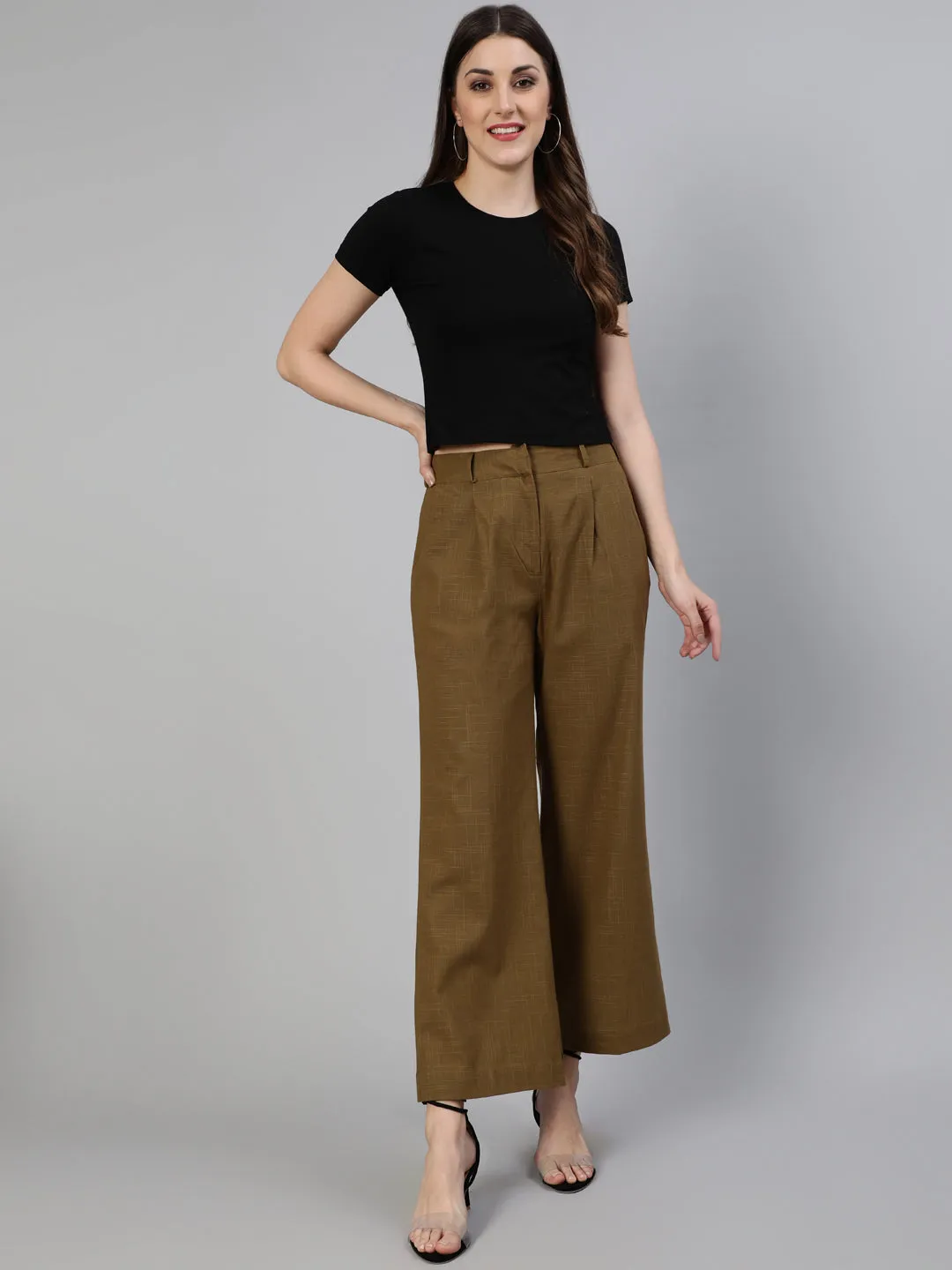 Olive Cotton Slub Flared High Rise Parallel Pants