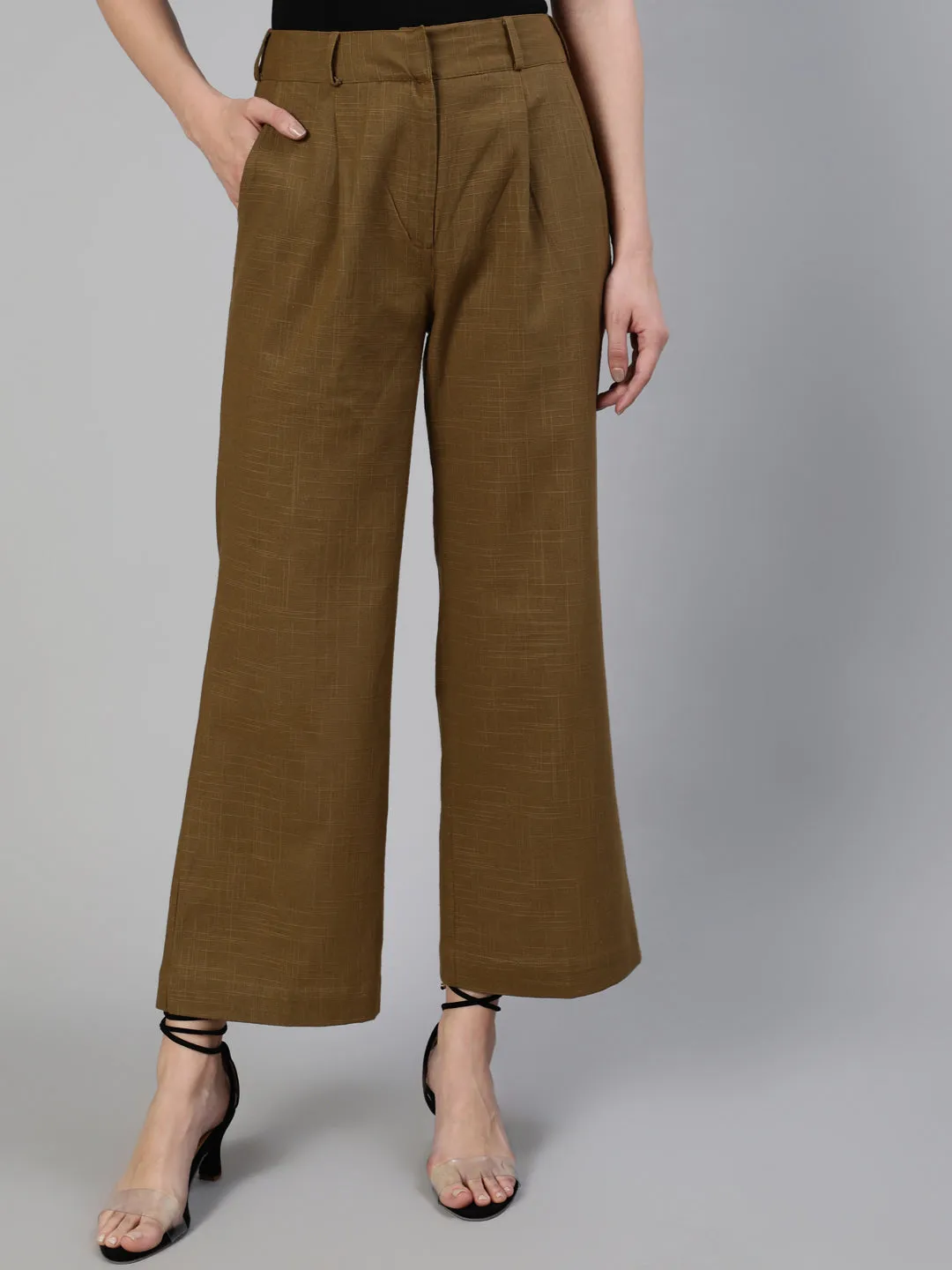 Olive Cotton Slub Flared High Rise Parallel Pants