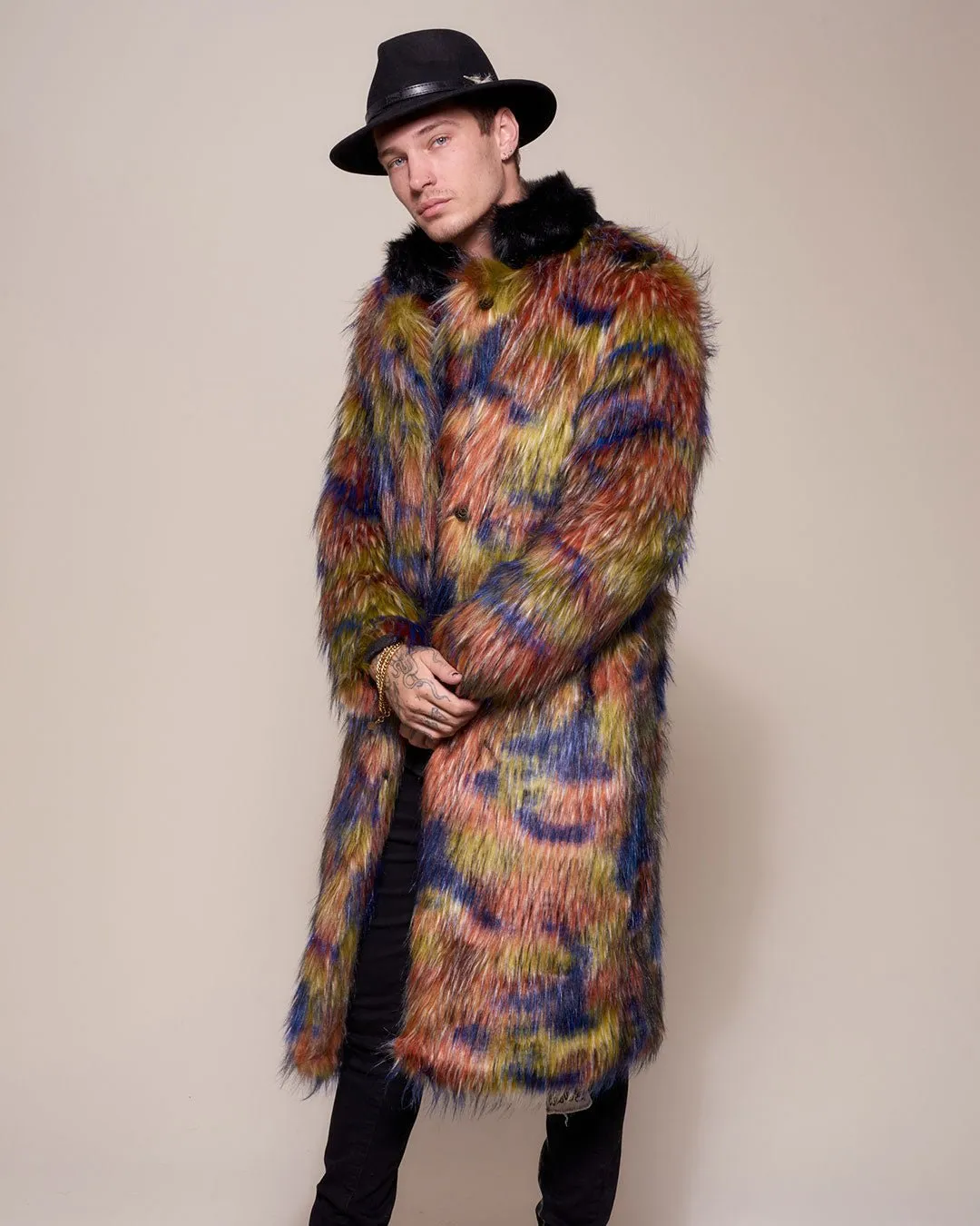 Parrot Calf Length Collared Faux Fur Coat  | Men's