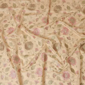 Soft Beige Synthetic Viscose Fabric with Pink and Gold Floral Embroidery, 110 cm Width-D20573