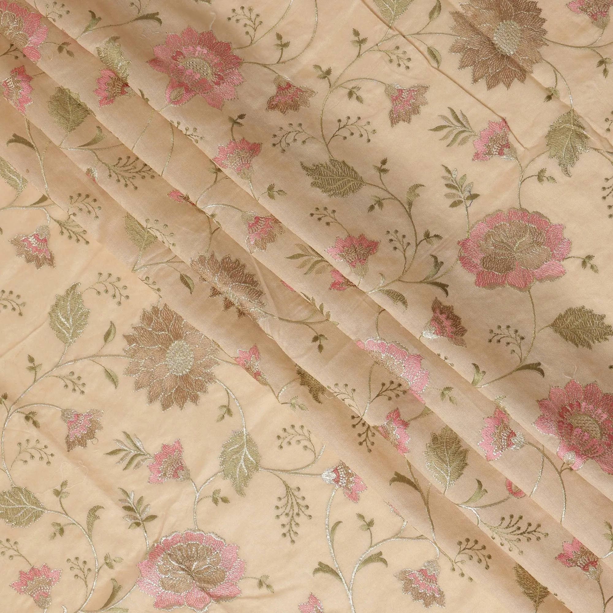 Soft Beige Synthetic Viscose Fabric with Pink and Gold Floral Embroidery, 110 cm Width-D20573