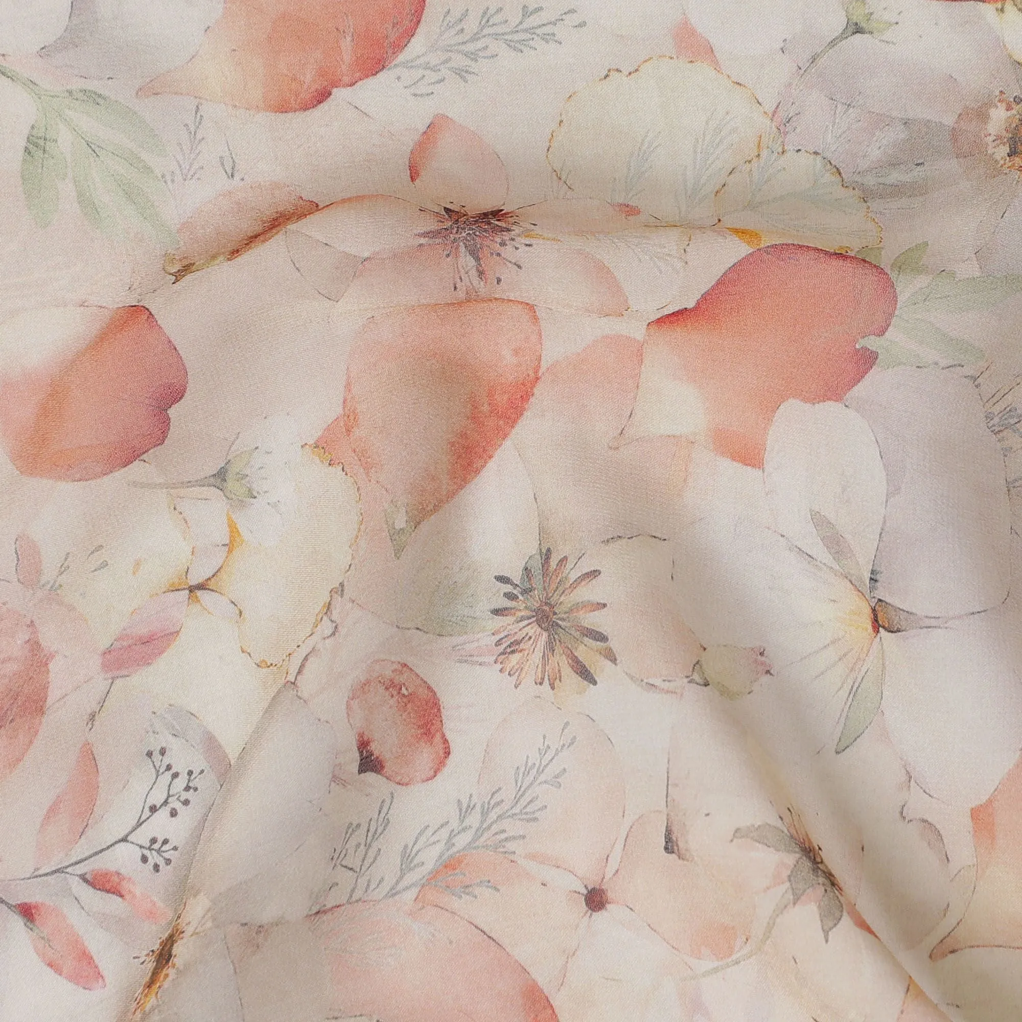 Soft Peach Orchard Viscose Crepe Fabric - 110cm Wide, Delicate Print, Online Purchase-D18106