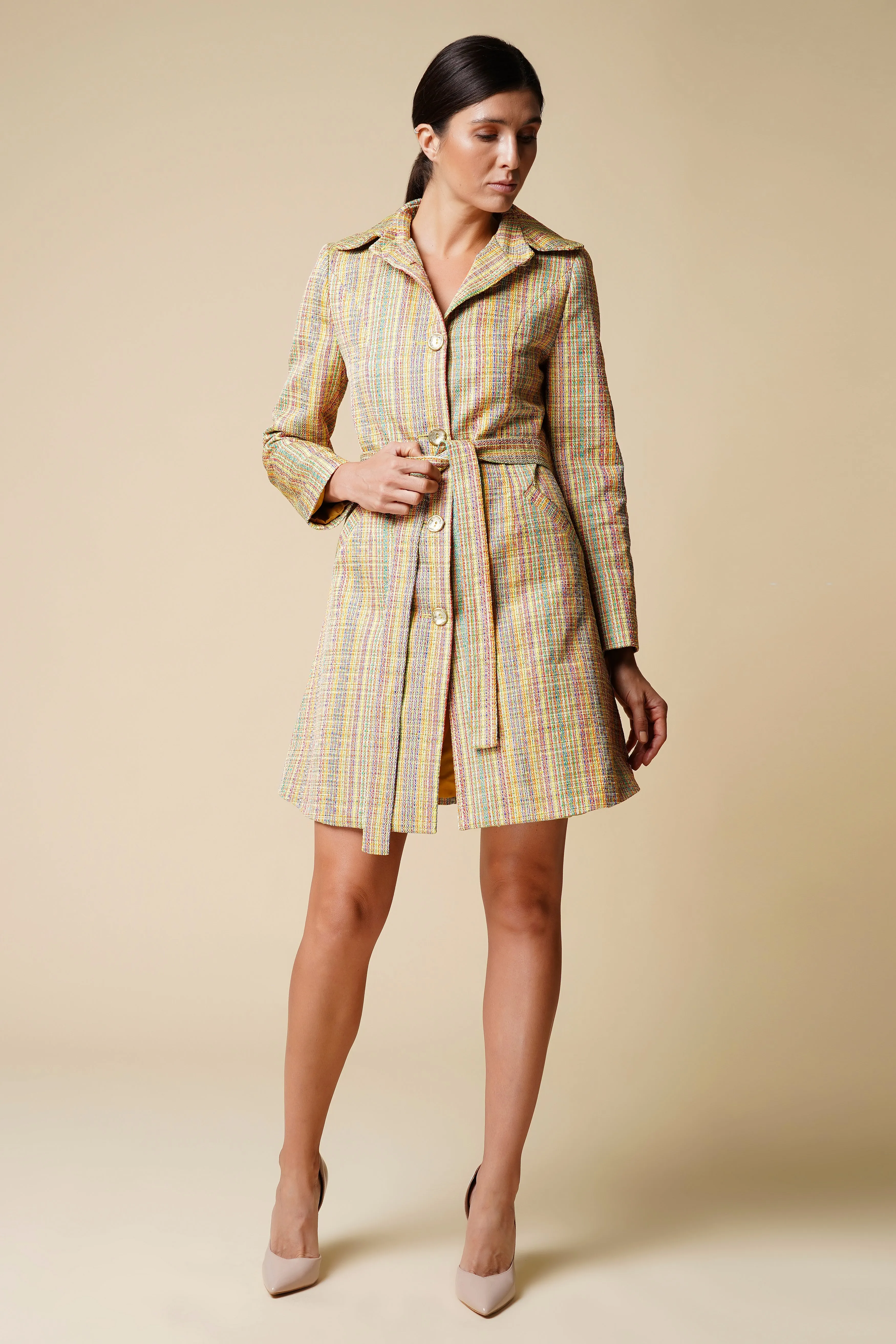 Striped yellow high rounded collar trench coat