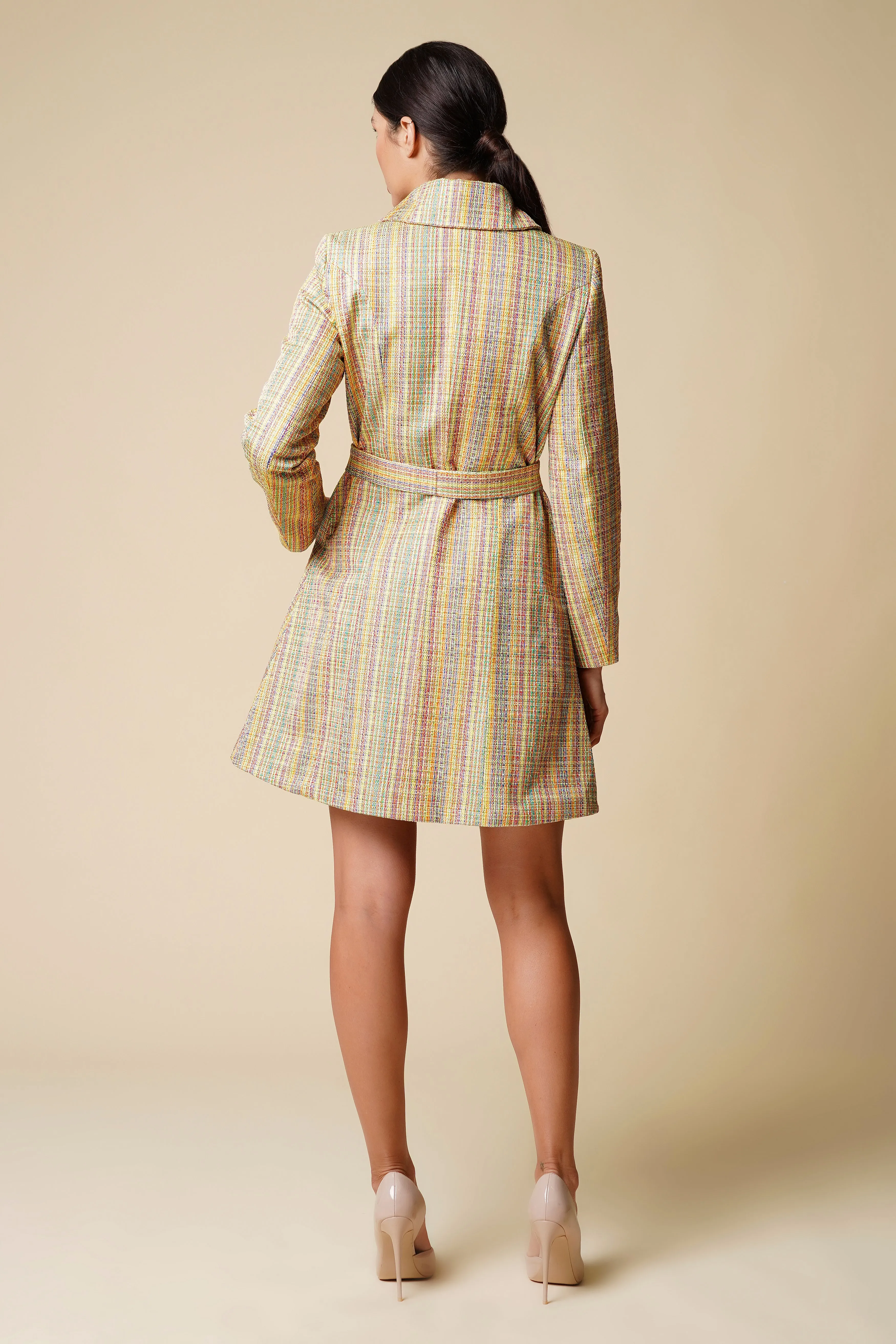 Striped yellow high rounded collar trench coat