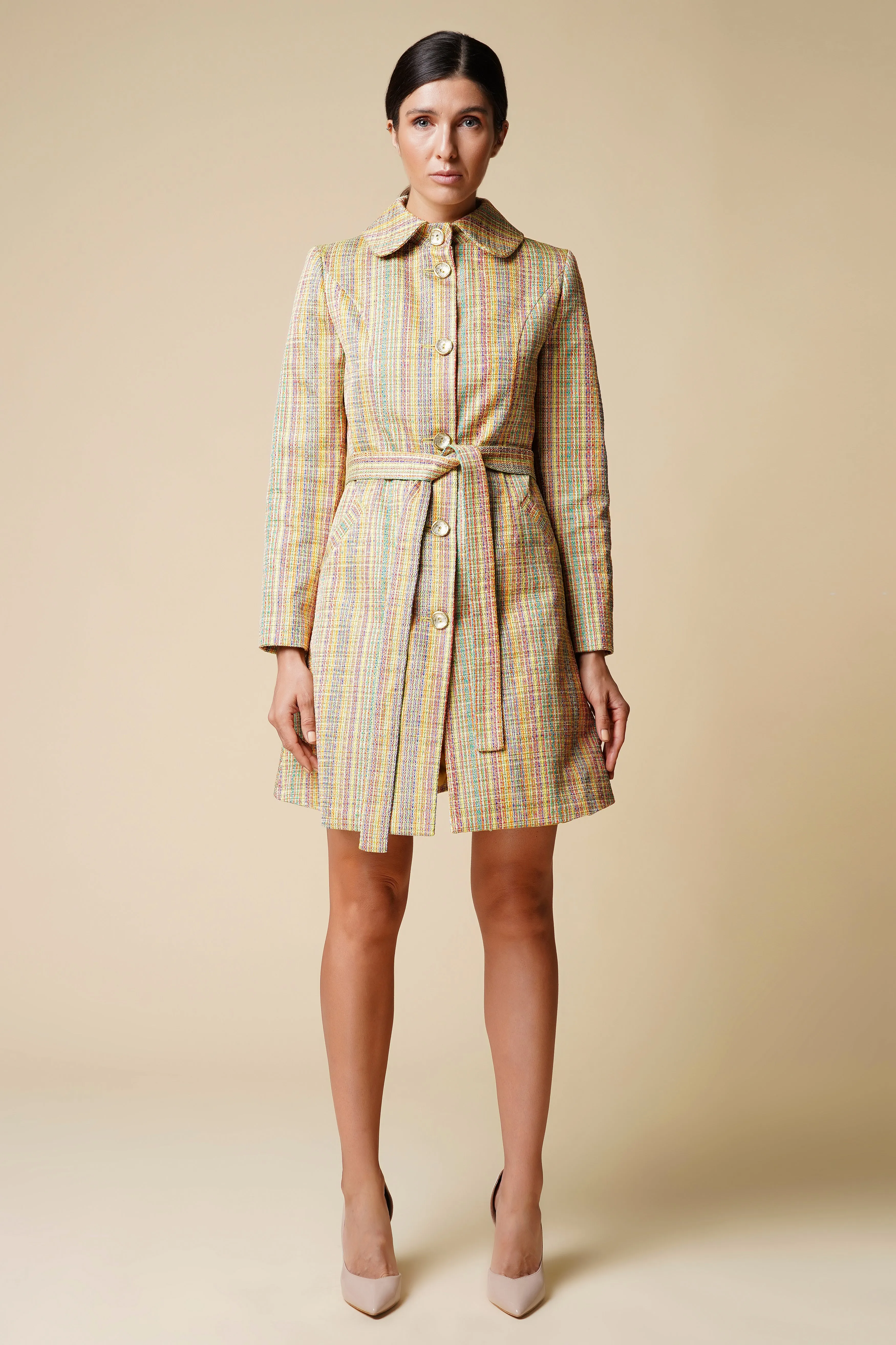 Striped yellow high rounded collar trench coat