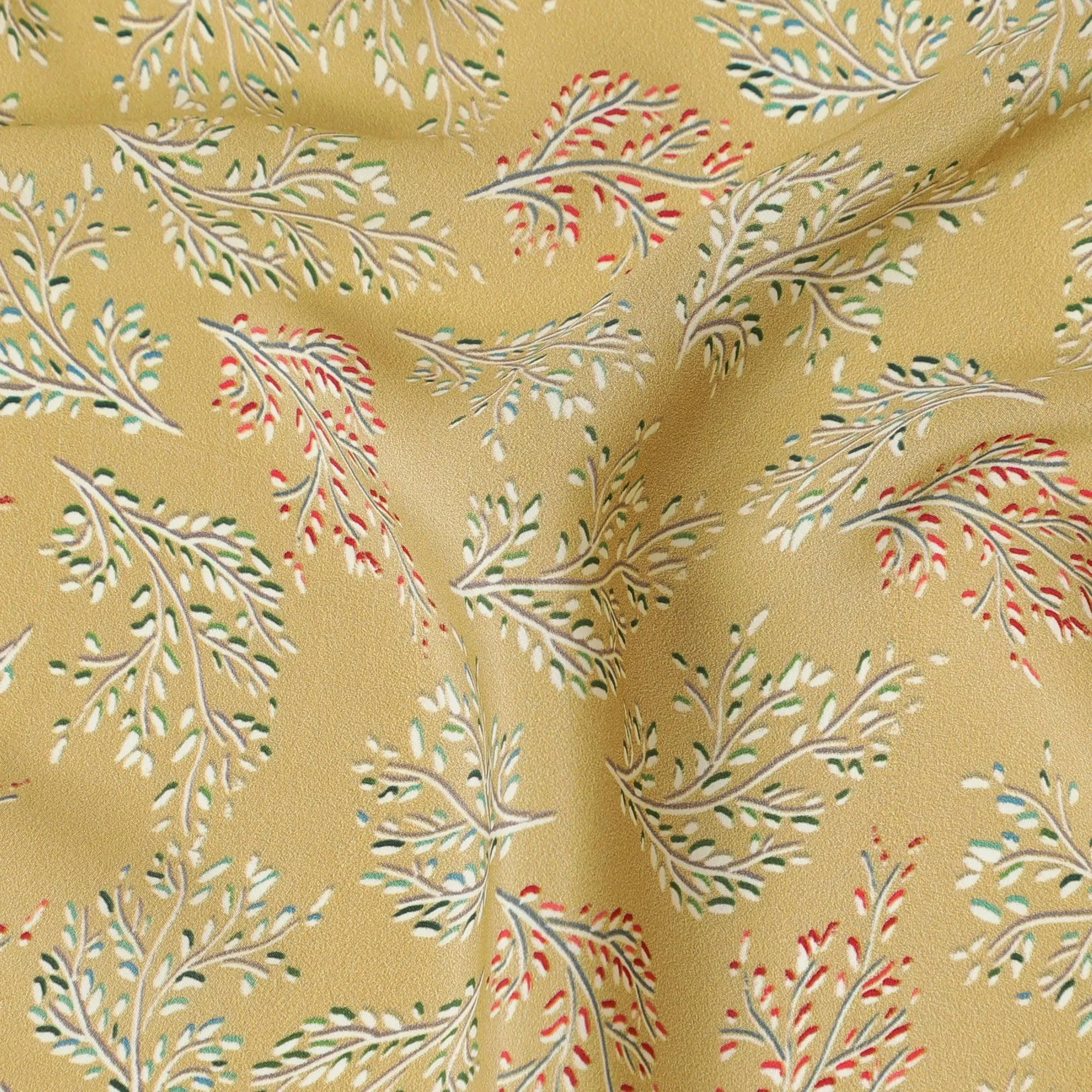 Sunshine Meadow Viscose Crepe Fabric - Warm Botanical Print, Versatile & Soft, 110cm (India)  - D17638