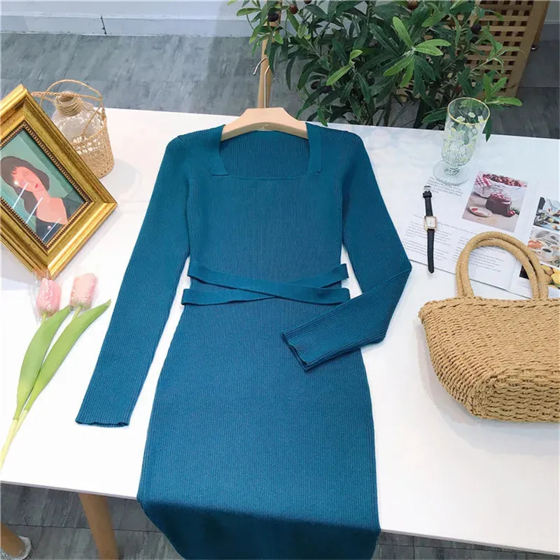 Warmsway Long Sleeve Ankle-Length Dress For Woman Square Collar Knit Long Dress Sexy Elegant Causal Solid Knitwear C-116