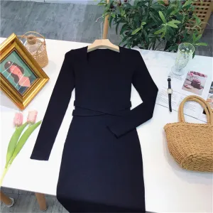 Warmsway Long Sleeve Ankle-Length Dress For Woman Square Collar Knit Long Dress Sexy Elegant Causal Solid Knitwear C-116