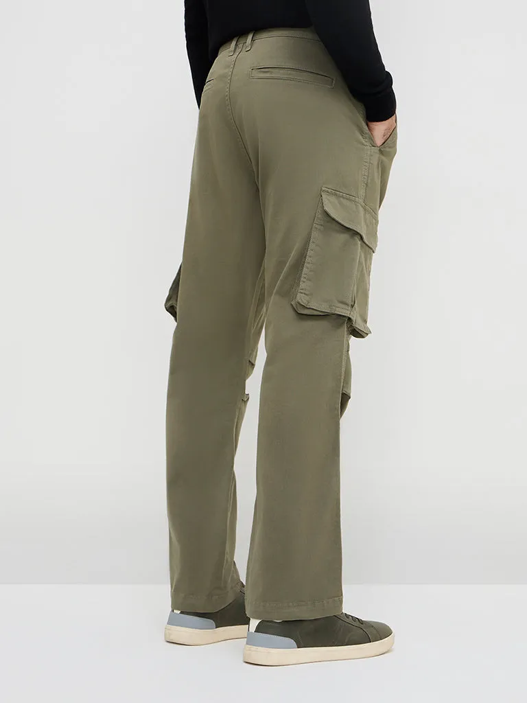 WES Casuals Olive Cargo-Style Relaxed-Fit Mid-Rise Cotton-Blend Chinos