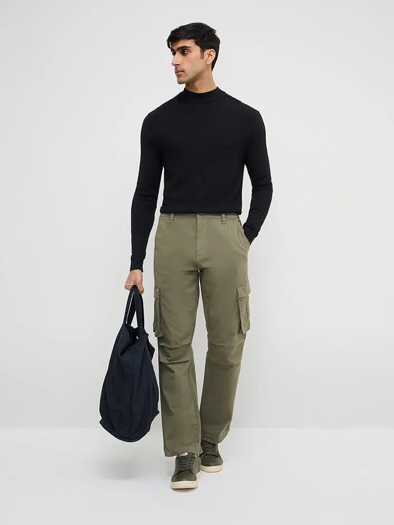 WES Casuals Olive Cargo-Style Relaxed-Fit Mid-Rise Cotton-Blend Chinos