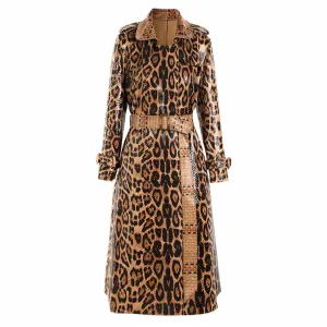 Women Animal Print Formal Coat In Brown Leopard Print Belted Trench Coat