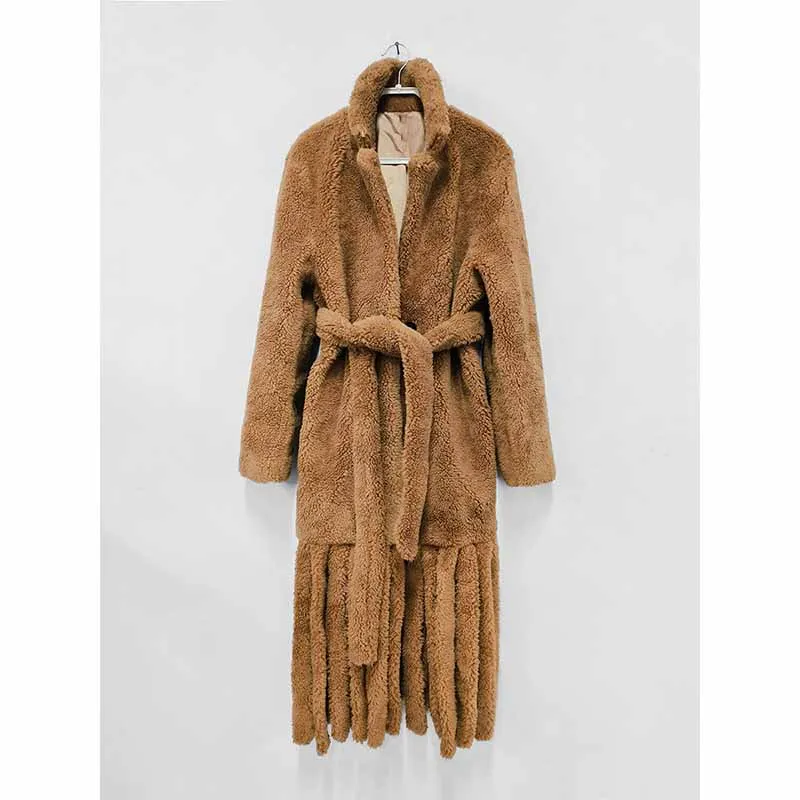 Women Long Warm Coat Tassel Patchwork Winter Coat in Ivory, Brown Color