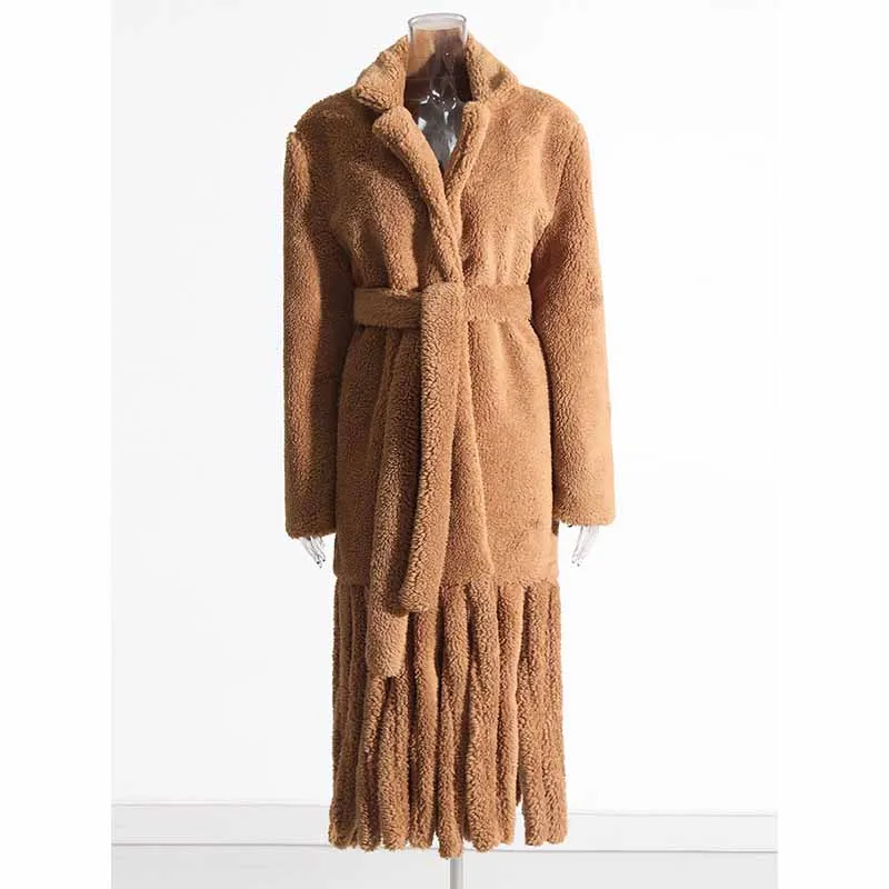 Women Long Warm Coat Tassel Patchwork Winter Coat in Ivory, Brown Color