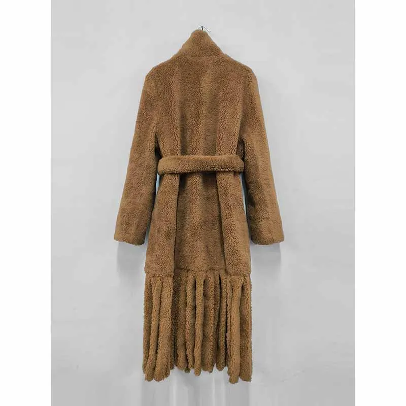 Women Long Warm Coat Tassel Patchwork Winter Coat in Ivory, Brown Color