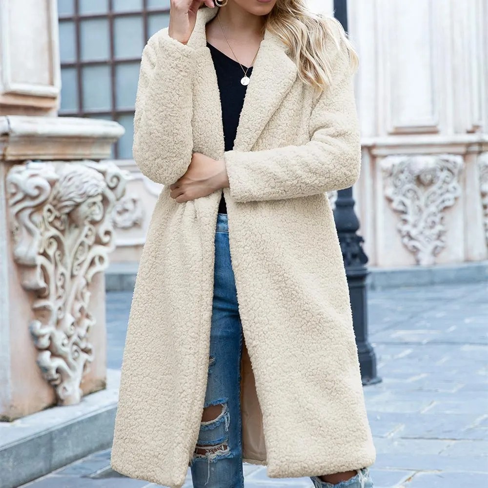 Women mid-long shawl collar faux fur winter coat