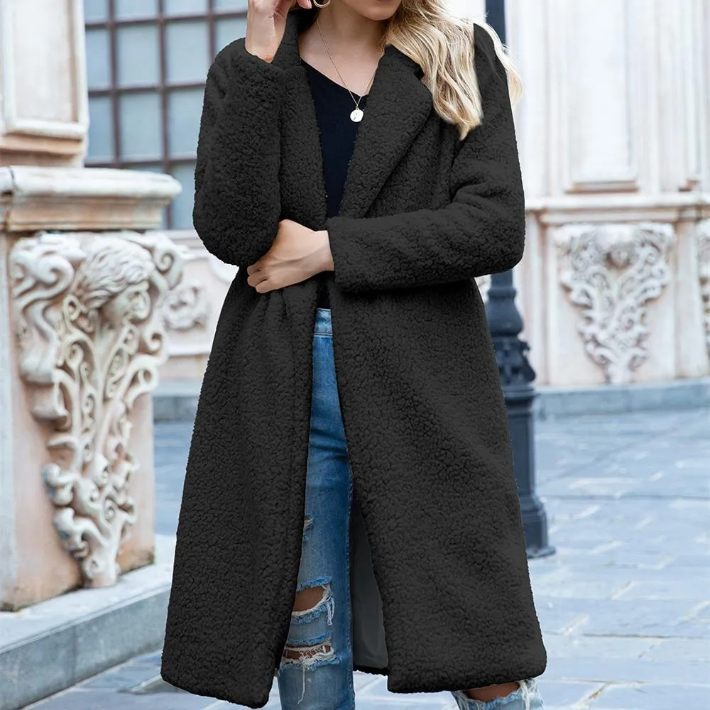 Women mid-long shawl collar faux fur winter coat