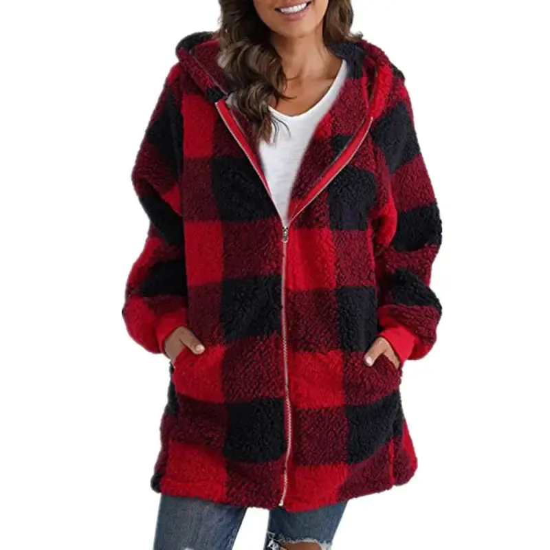 Women's coat 2024 new Amazon long sleeve plaid hooded zipper with pockets loose coat