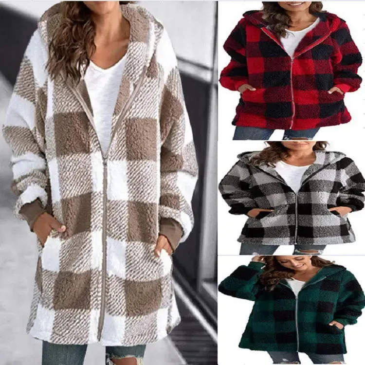 Women's coat 2024 new Amazon long sleeve plaid hooded zipper with pockets loose coat