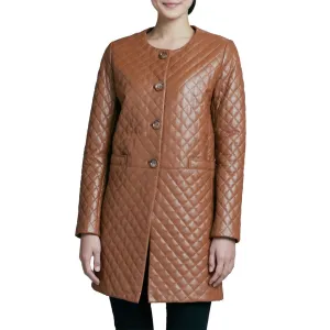 Women's Mid Length Quilted Brown Leather Trench Coat TC20