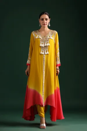 Yellow Ombre Dyed Swiss Georgette Asymmetrical Kurta With Pants